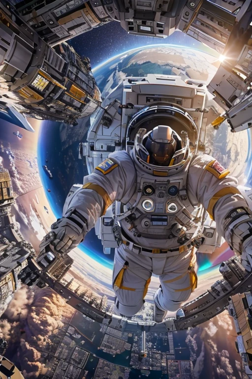 ((masterpiece, highest quality, Highest image quality, High resolution, photorealistic, Raw photo, Extremely detailed CG unified 8k wallpaper)), floating in space with earth in background, giant space station, Cylindrical space station,