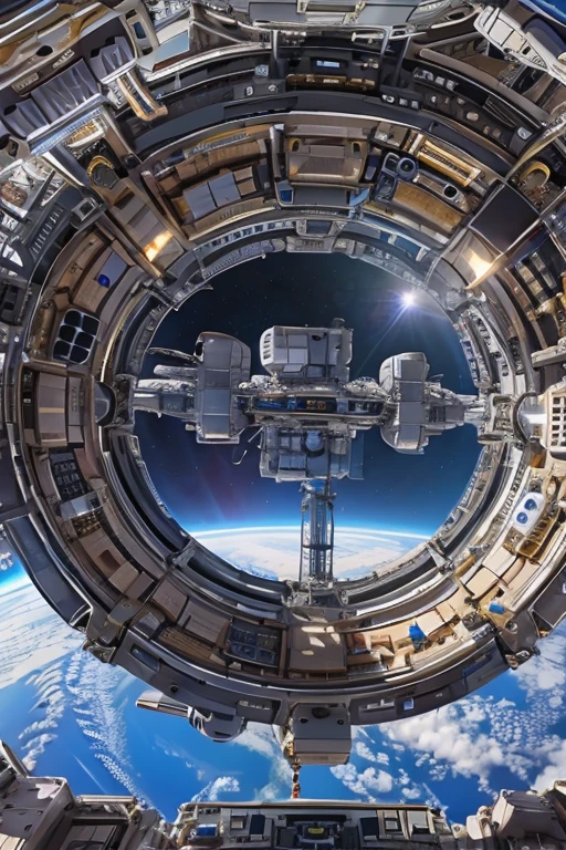 ((masterpiece, highest quality, Highest image quality, High resolution, photorealistic, Raw photo, Extremely detailed CG unified 8k wallpaper)), floating in space with earth in background, giant space station, Cylindrical space station,