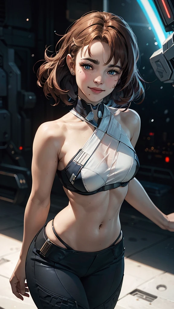 best qualtiy,tmasterpiece,A high resolution,1girl,Woman body defined thighs, cybernetic body parts,Short neon underwear,synth wave neon color clothes, bright clothes, sci-fy,Large breasts,Seductive pose, perfect eyes。A high resolution, 8k, Background bokeh, synthwave neon colors