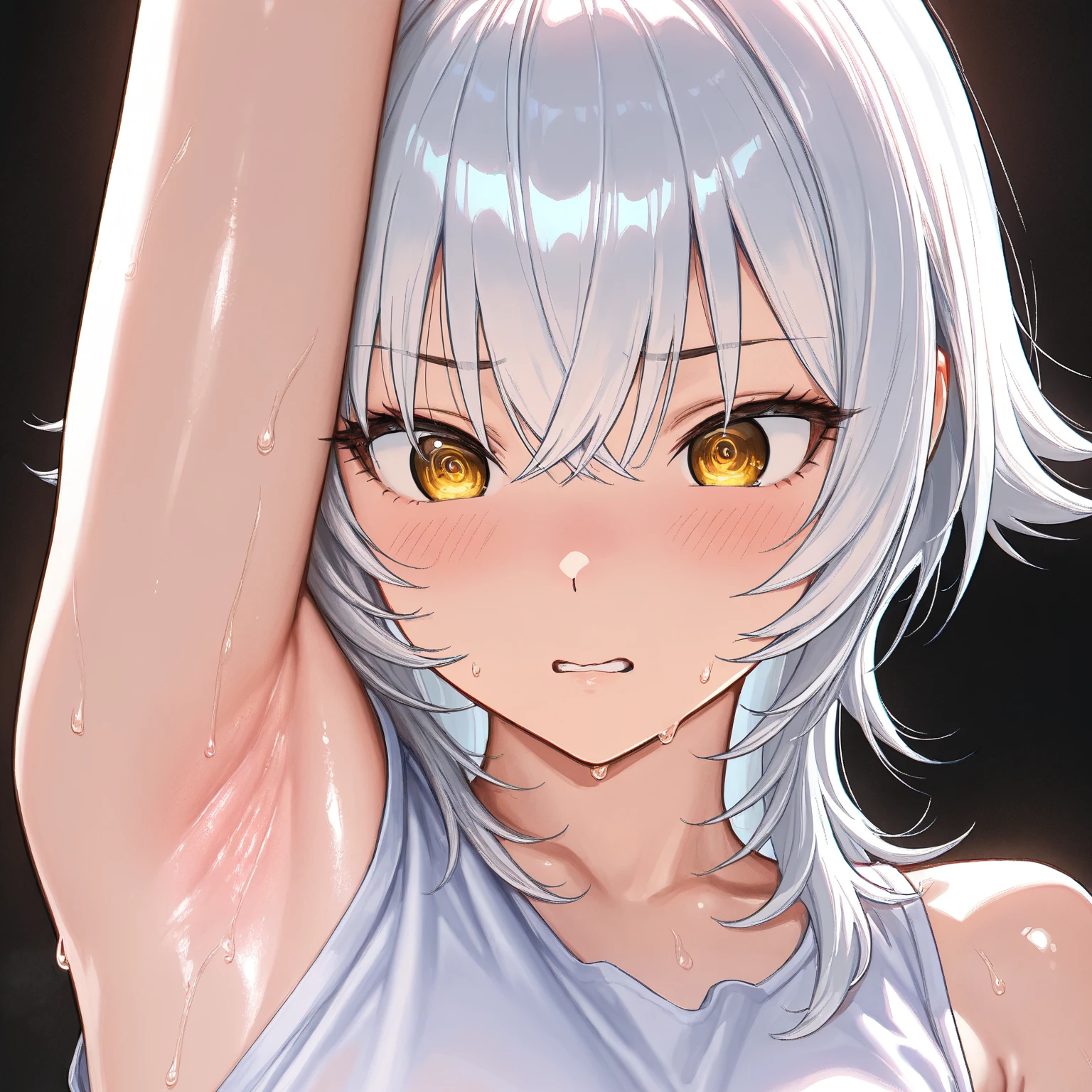 (masterprice, HDR, 2k, High Resolution) 1girl, wolf cut, white hair, hypnotized expression, lazy expression, simple background, short sleeveless, arm up, side armpits, armpits focus, more focus armpits, zoom armpits, very detailed armpits, armpit crease, armpits detailed, shiny armpits, hot armpits, sweat armpits, very hot armpits, detailed skin, anime art, Anime Style, Anime, Simple background.