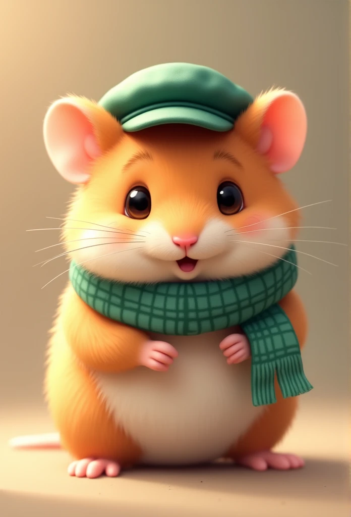 Illustration in the style of pattern2 , 1 adorable tiny hamster, fluffy hamster, baby hamster, green gingham scarf, stylish newsboy cap, photorealistic, anatomically accurate hamster, high detail, 8k, masterpiece, realistic lighting, soft focus, warm color palette