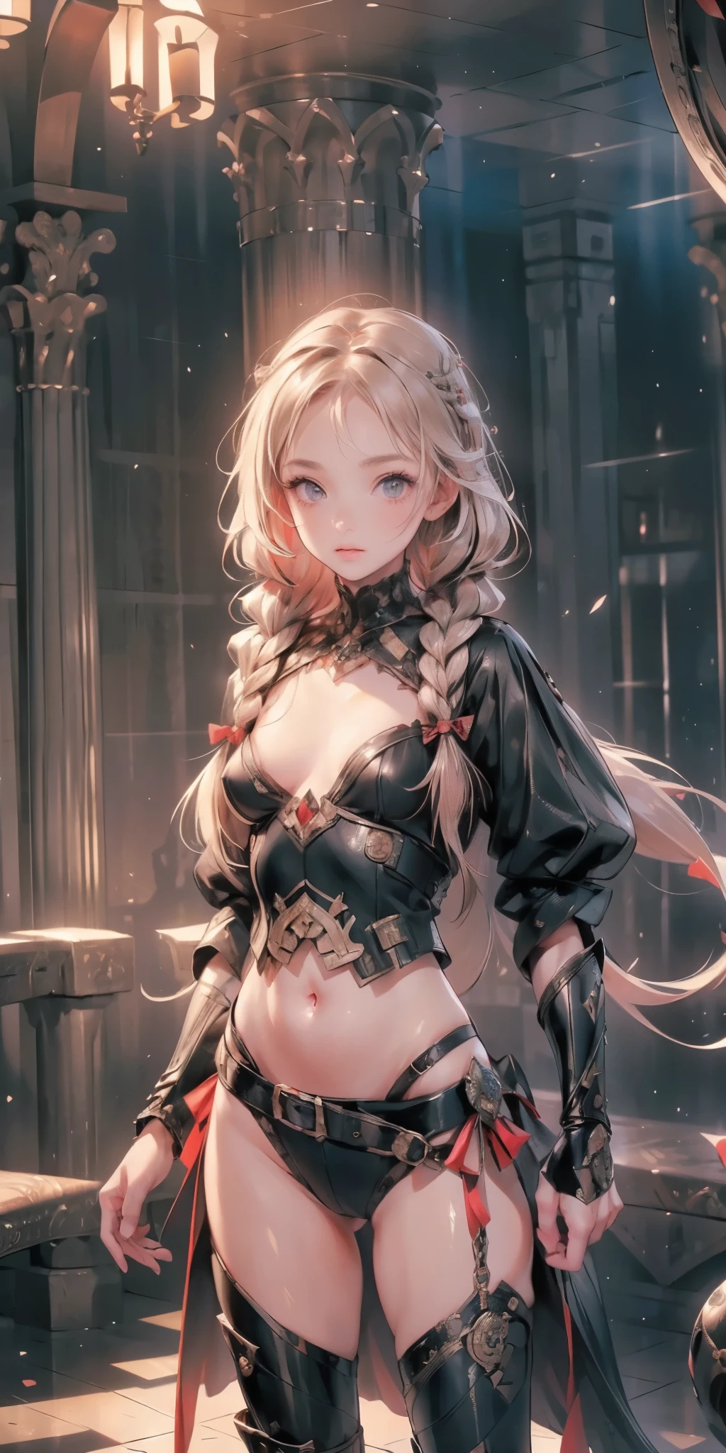 ((best quality)), ((masterpiece)), (detailed), 1girl, (big forhead:1.2),extremely detailed cute anime face, (((flat chest))), (flat chest:1.1),((((long twin braids,tight braids,long braid,braided hair,long hair)))),intricate eyes,beautiful detailed eyes,symmetrical eyes,(((detailed face))),beautiful detailed lips, dynamic pose, looking at this, resolved, resolute, highres,(best quality),(ultra detailed,extremely detailed),perfect face details, ((masterpiece:1.4, best quality))+, (ultra detailed)+, long twintails, cute girl, (flat chest:1.1), small breasts, slim body, skinny, prominent collarbones, skinny arms, flat stomach, visible hip bones, long hair, red hair, white hair, blonde hair, dark hair, ponytail, thick ponytail, heavy ponytail, small breasts, perfect face, small breasts (flat chest:1.1), Detailed body,Full limbs, (flat chest:1.1), a knight, Bloodborne inspired, Bloodborne, occult aesthetic, occult, NSFW, Complex mechanical cyborg girl, Skeleton body, red and white clothing detailed and intricate steampunk and detailed gothic ta (with a hood), NSFW, diadems, very thin long legs, Complex mechanical boots above the knee, Fluttering lace flared mini skirt, beautiful small breasts, (((( Highly detailed face))), small thin nose, Small thin lips mouth, (((Very sharp focused eyes))), Very large slit precision pale grey eyes that shine like jewels. very long eyelashes, Silver hair swaying in the wind, Emitting a dazzling light in a mandala pattern, white background, Very dramatic and cinematic lighting, red and white clothing, full body, whole body, body, cosmic horror