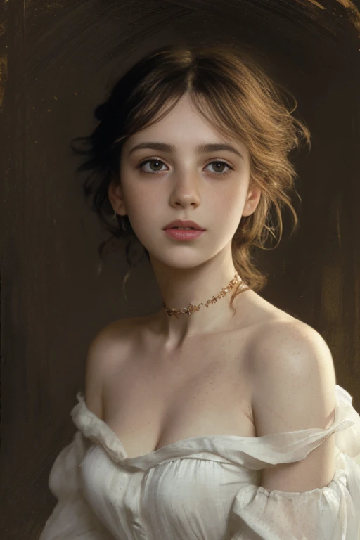 sexy spanish girl, thin neck, (freckled face, blush:1.3), choker, nude, messy hair,  dirty blonde ,  Fluid white fabric , Fantastic art, Arte conceptual, delicate features, feminine,  seductive, trusted, foreground neckline, (lighting chiaroscuro), (style by Howard Chandler Christy:1.0), ( sketch by Jean-Joseph Benjamin-Constant:1.3)
