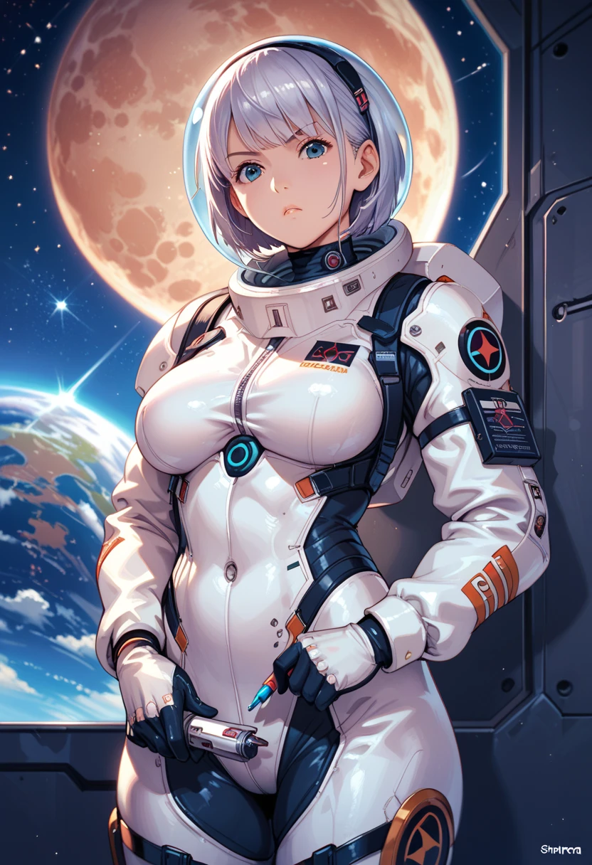 Repairing the space station, opening a panel on the outer wall to reveal fine electronic wiring, a woman in a spacesuit holds a screwdriver with a serious look on her face, Woman Working on the Exterior of the Space Station, space station, Arima Kana, space suit , stars, earth, moon, future, science fiction