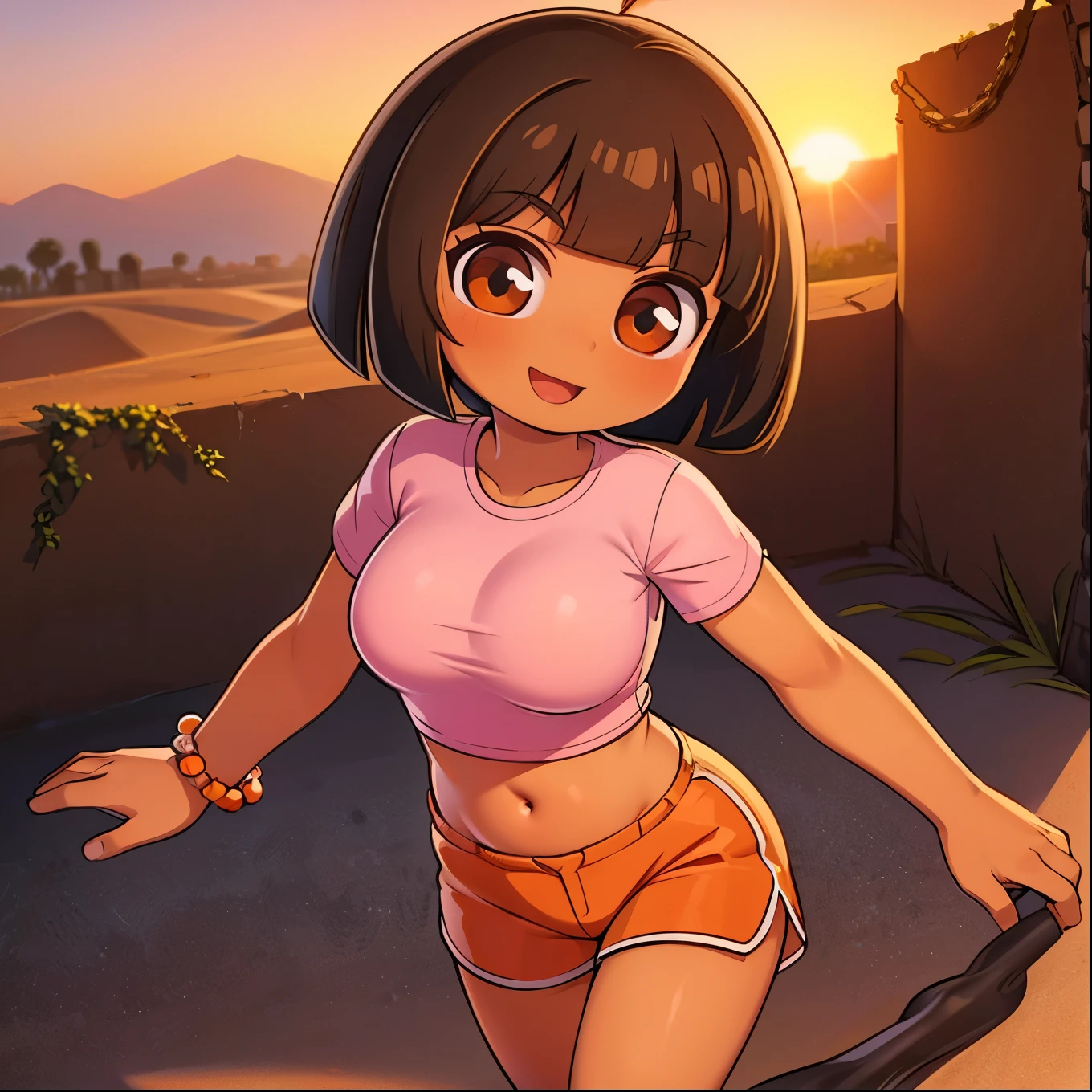 Young ager, (solo 0.6), dark brown hair, bob cut hair, dark tan skin, Latina girl, brown eyes, exploring desert ruins, sunset, pink t shirt, orange shorts, bead bracelet, smiling, huge breasts, bare midriff, athletic body, slender body, skinny, thin waist, cute,