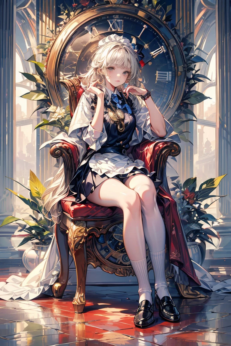 (hyperrealistic), (illustration), (high resolution), (8K), (extremely detailed), (best illustration), (beautiful detailed eyes), (best quality), (super detailed), (masterpiece), (wallpaper), (detailed face), solo, (dynamic pose), 1 girl, white wavy hair on the chair, korean, heterochromic eyes, small moles under the eyes, ((short apron)), medium breasts, long legs, tightens abs, (camel toes), (no panties), (no bra)