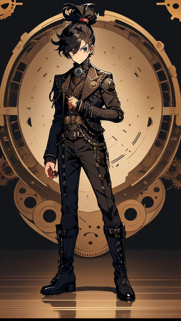 Black-skinned man, thin body, long hair, steampunk-style clothing, white eyes