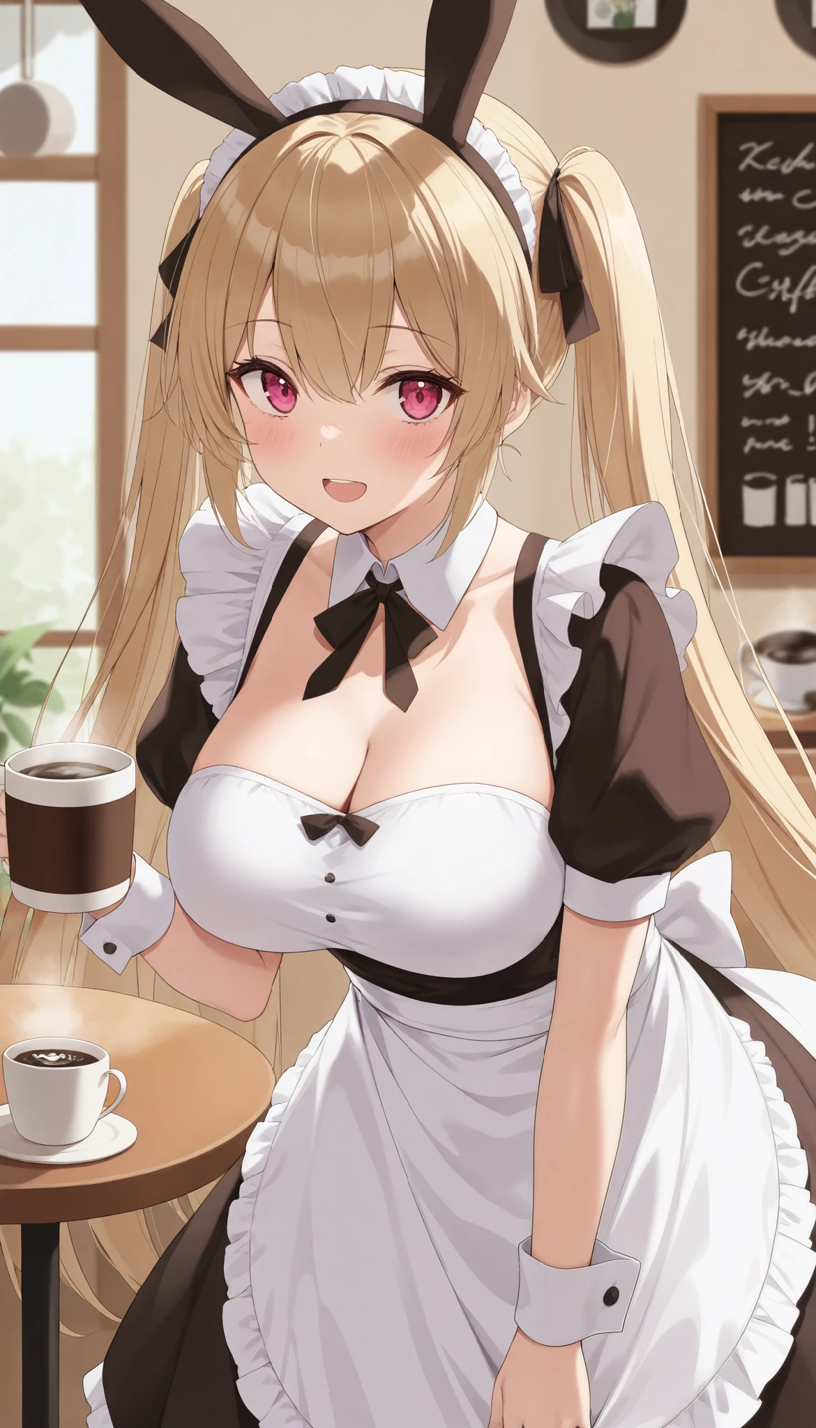 (((Best quality, 8k, Masterpiece: 1.3)), ((best quality)), ((masterpiece)), (detailed), perfect face, perfect body, (detailed skin:1.3), (intricate details), rabbit ears, maid, maid costume, maid apron, Taking a break in a cafe, coffee cup, drinking coffee