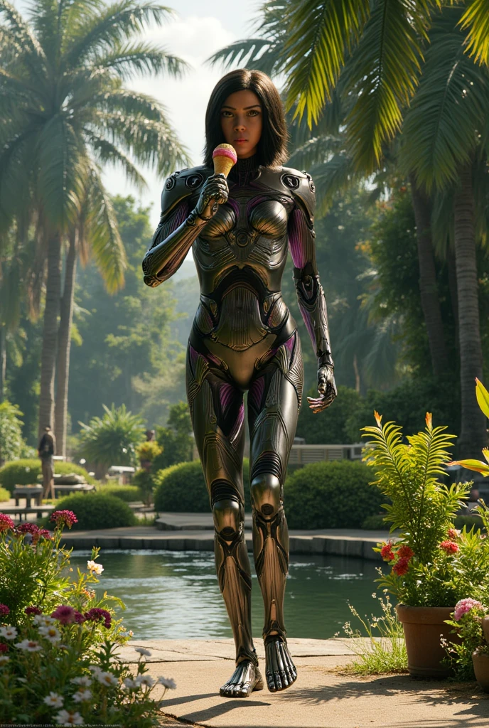 alita wears a mecanical robot bodysuit, is eating an icecream in a park 