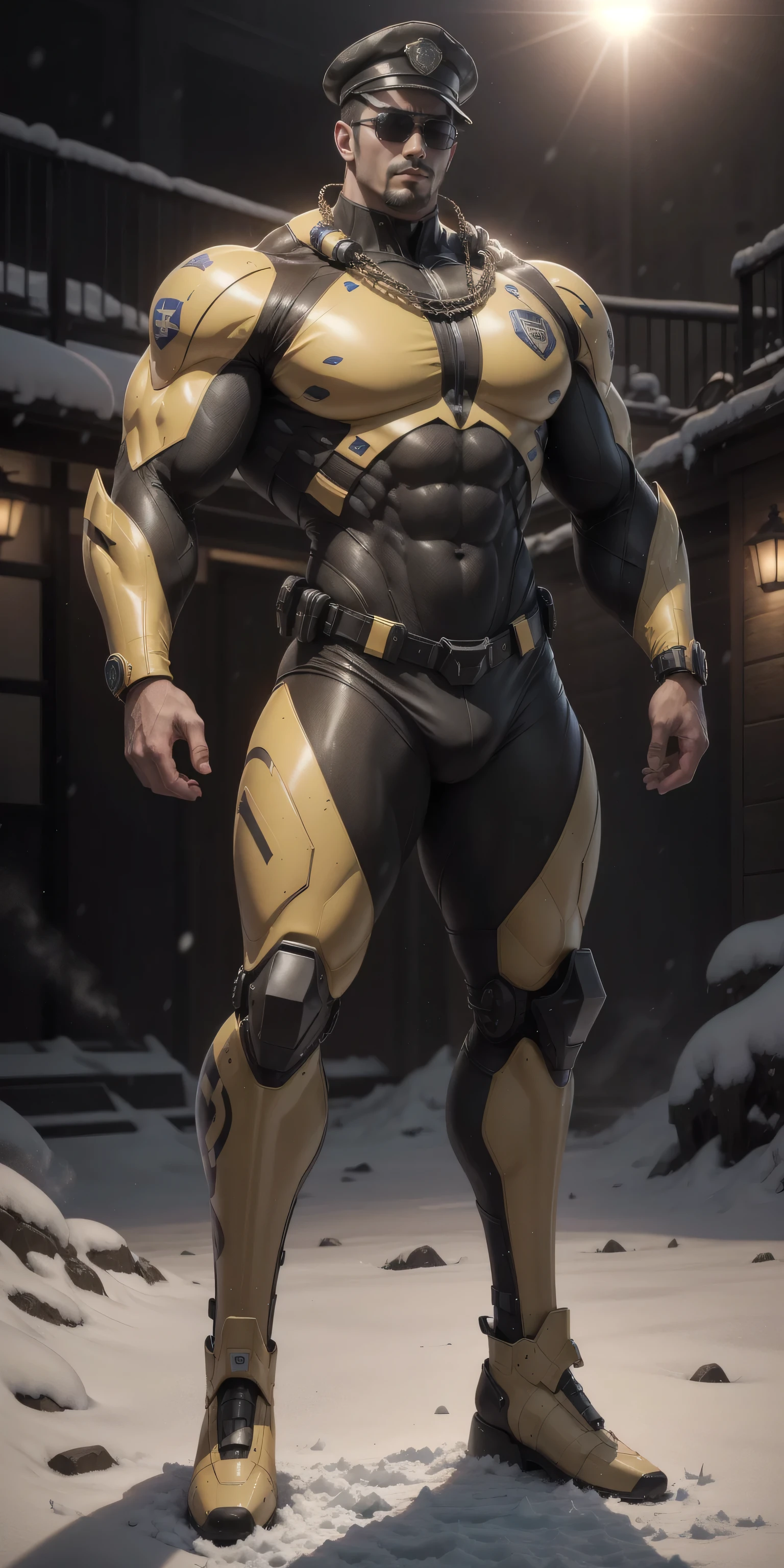 Movie poster, full body, character design (Resident Evil - Chris Redfield, Chris Redfield) wearing a yellow-black combat suit, standing alone on the snowy street, with a sad expression, deep and charming eyes, emerald-like pupils, muscle male heroes, heroic male poses, tall and burly, muscular! Sexy charming developed leg muscles, tall and burly, yellow-black combat suit, super buff and cool, high resolution committee, beige cream white combat boots, attractive strong male, bright moonlight on the body, lonely