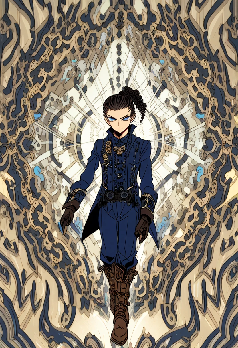 (Detailed), (((normal boy))), ((pelo negro  Ponytail hairstyle )), (( Ponytail hairstyle )), (calm face), ((brown boots)), ((( full body))), ((male)), (black and blue suit), ((solo una persona)), ((steampunk)), ((((solo una persona)))), rage mode