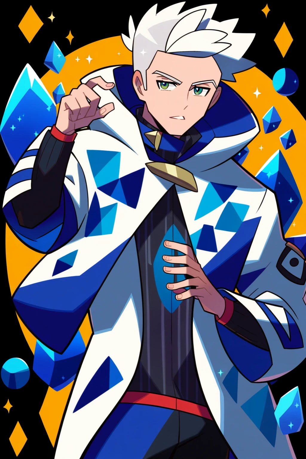 score_9, score_8_up, score_7_up, pokemon pokemon_(anime) pokemon_journeys pokemon_sv pokemon_bw2 1boy long_white_coat_with_geometric_crystal_patterns_along_edges swept_back_silver_hair_with_single_blue_streak distinctive_high_collar_with_meteorite_clasps battle_ready_pose sharp_focus standing detailed_face hyper_detailed, white hair, long white coat, geometric crystal patterns, high collar