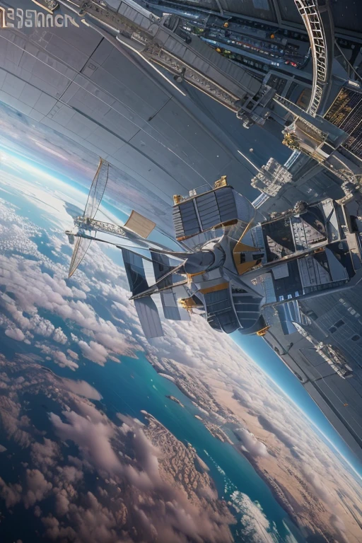 ((masterpiece, highest quality, Highest image quality, High resolution, photorealistic, Raw photo, Extremely detailed CG unified 8k wallpaper)), floating in space with earth in background, giant space station, Triangular space station, truss structure, parabolic antenna, solar panels,