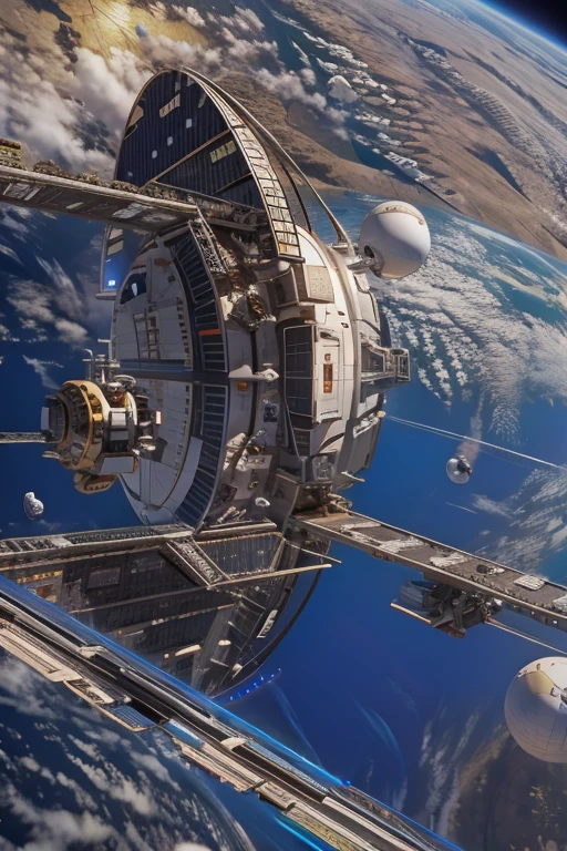 ((masterpiece, highest quality, Highest image quality, High resolution, photorealistic, Raw photo, Extremely detailed CG unified 8k wallpaper)), floating in space with earth in background, giant space station, Triangular space station, truss structure, parabolic antenna, solar panels,