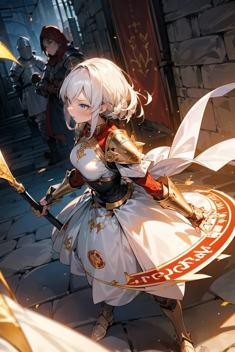 ((( armed girl and 1 boy ))),((( Facing each other ))),(((Knight equipment ,Has a giant axe))),break,woman,(tears:1.1),(  white hair ),(sweat:1.3) ,( Long Sleeve ),((( Magic Rim,red and gold magic circle))),,(( Full Armor:1.2)),((Angry face)),break,( Medieval Back Alley ),((  professional )),    Masterpiece ,((  professional )),    Masterpiece  ,    top quality ,   very detailed,(( perfect hand with giant bow )),    great background    ,   meaningful background  , Strange background ,   artistic overlay ,  movie lights,  ray tracing ,  Sacred Light  