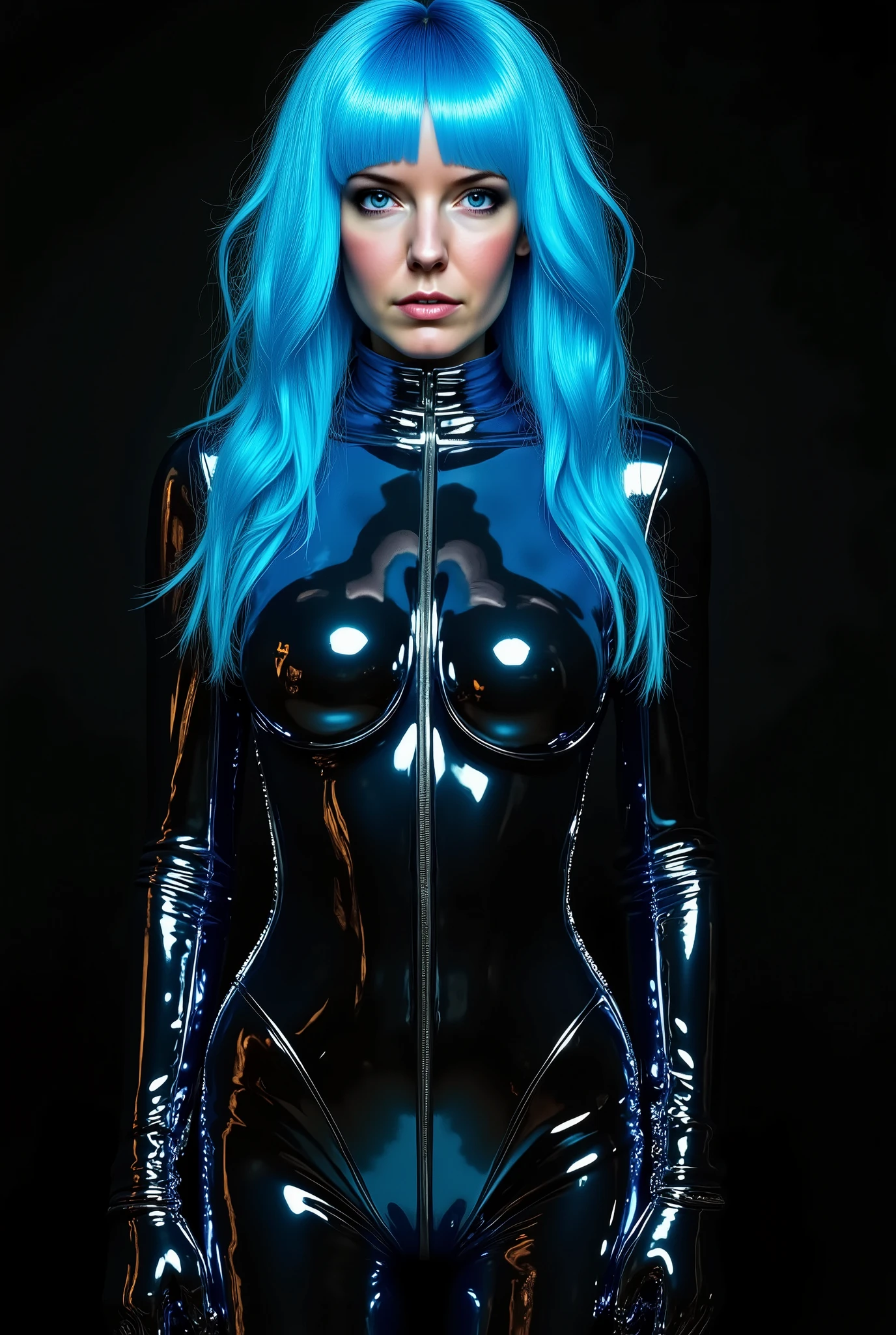 A photo of a young woman with blue hair, wearing a glossy black latex rubber outfit and a ball gag. Her eyes closed and is standing in a room with a futuristic design. She is beautiful, and has medium length curly hair.