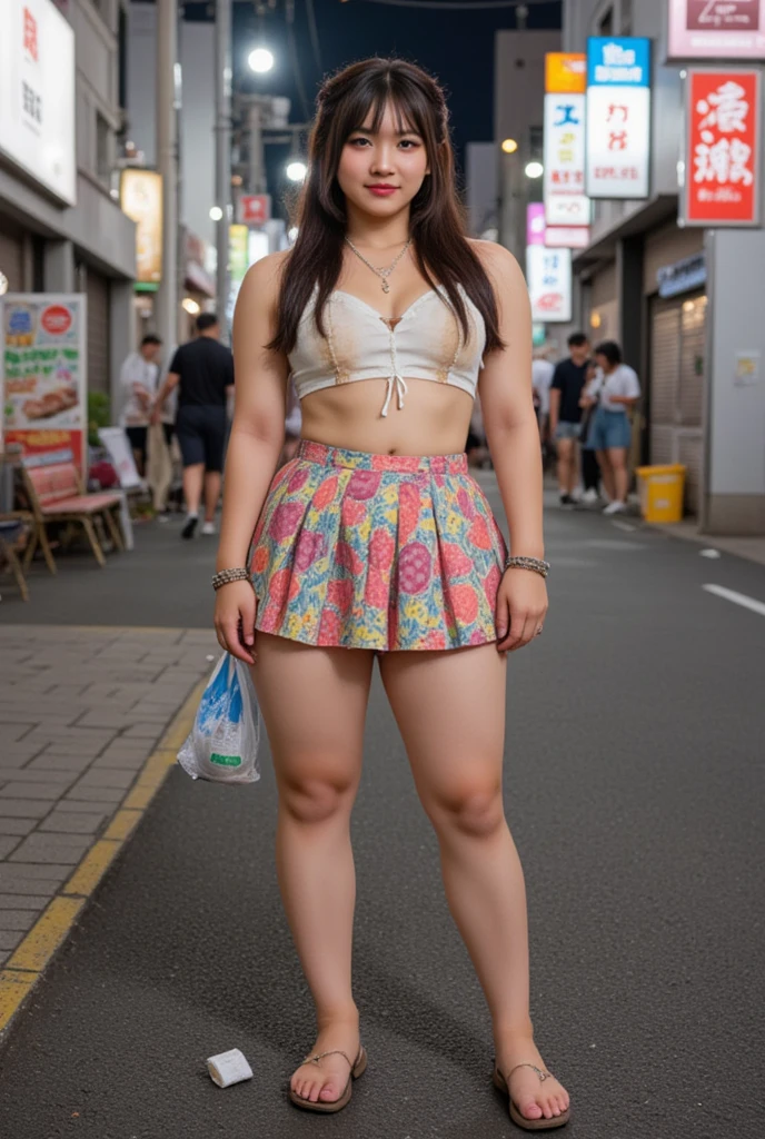 NSFW,
photography, film, depth of field, realistic skin texture, realistic photography,
(one girl, junior idol, teenage girl, Japanese girl, runaway girl),
messy hair, cute face, looking at camera, full body,
she is wearing a necklace, (stained camisole, stained super mini skirt), friendship bracelet, anklet, but no panties, no underwear,
she is wearing a colorful super mini pleated skirt,
her pussy is visible from the hem of the super mini pleated skirt,
her body is plump with not much of a waistline, big ass and thick thighs, giving an overall underdeveloped impression,
but she has a super bust the size of her head She has big breasts,
(Gigantic chest: 1.6),
She is fat with big breasts,
She has thick legs,
She is still in her early teens but ran away from home and is making a living by prostitution,
She is standing with her legs spread on the edge of the sidewalk,
She spreads her legs and shows her pussy to get the man's attention,
She looks at the camera and smiles sadly,
She hasn't washed her body so her whole body is dirty, her clothes, skin and hair are dirty,
There is a plastic bag full of junk next to her,
This is a corner of Shinjuku's downtown, (night, downtown at night), town, city, downtown,
Various types of garbage are scattered on the street, condoms, (used condoms),