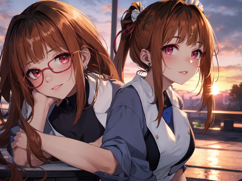 Solo, 1 Girl, (Human Ear), (Earring), (Long Hair), (Hair Accessory), (Woman Sitting on Ground with Hand on Chin), (Anime Face, Makeup), (Blue Maid Uniform), (Sunset Sky, Sunset, Evening Sky), (Focus on Breast), (High Resolution, Masterpiece, Accurate, Anatomically Correct, Multiple Awards, Top Quality, Detailed, High Quality Model, High Quality, Quality, Retina, Highly Detailed, Textured Skin, Ultra High Resolution).