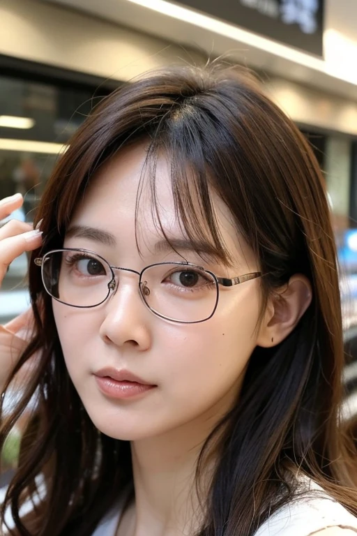 Best quality,masterpiece,ultra high res,photorealistic,1girl,taipei street alley,dynamic pose, ((Glasses:1.3))、 upper_body,too much small eyes、Sleepy expression、orgasm face:1.2、Watch viewers、
No tear bags:1.5、
bangs, Very slender 、((Glasses:1.3))、Very thin face、Thin Nose、Very high nose、Very very narrow eyes、Thin lips、 long hair, Long curly hair:1.6、 College Student 、No cheekbones,very narrow eyes、The corners of the eyes are raised,very small face、