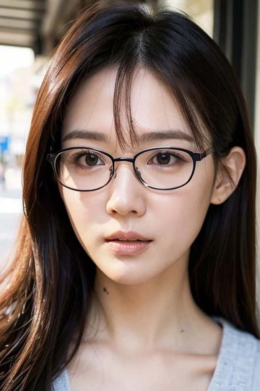 Best quality,masterpiece,ultra high res,photorealistic,1girl,taipei street alley,dynamic pose, ((Glasses:1.3))、 upper_body,too much small eyes、Sleepy expression、orgasm face:1.2、Watch viewers、
No tear bags:1.5、
bangs, Very slender 、((Glasses:1.3))、Very thin face、Thin Nose、Very high nose、Very very narrow eyes、Thin lips、 long hair, Long curly hair:1.6、 College Student 、No cheekbones,very narrow eyes、The corners of the eyes are raised,very small face、