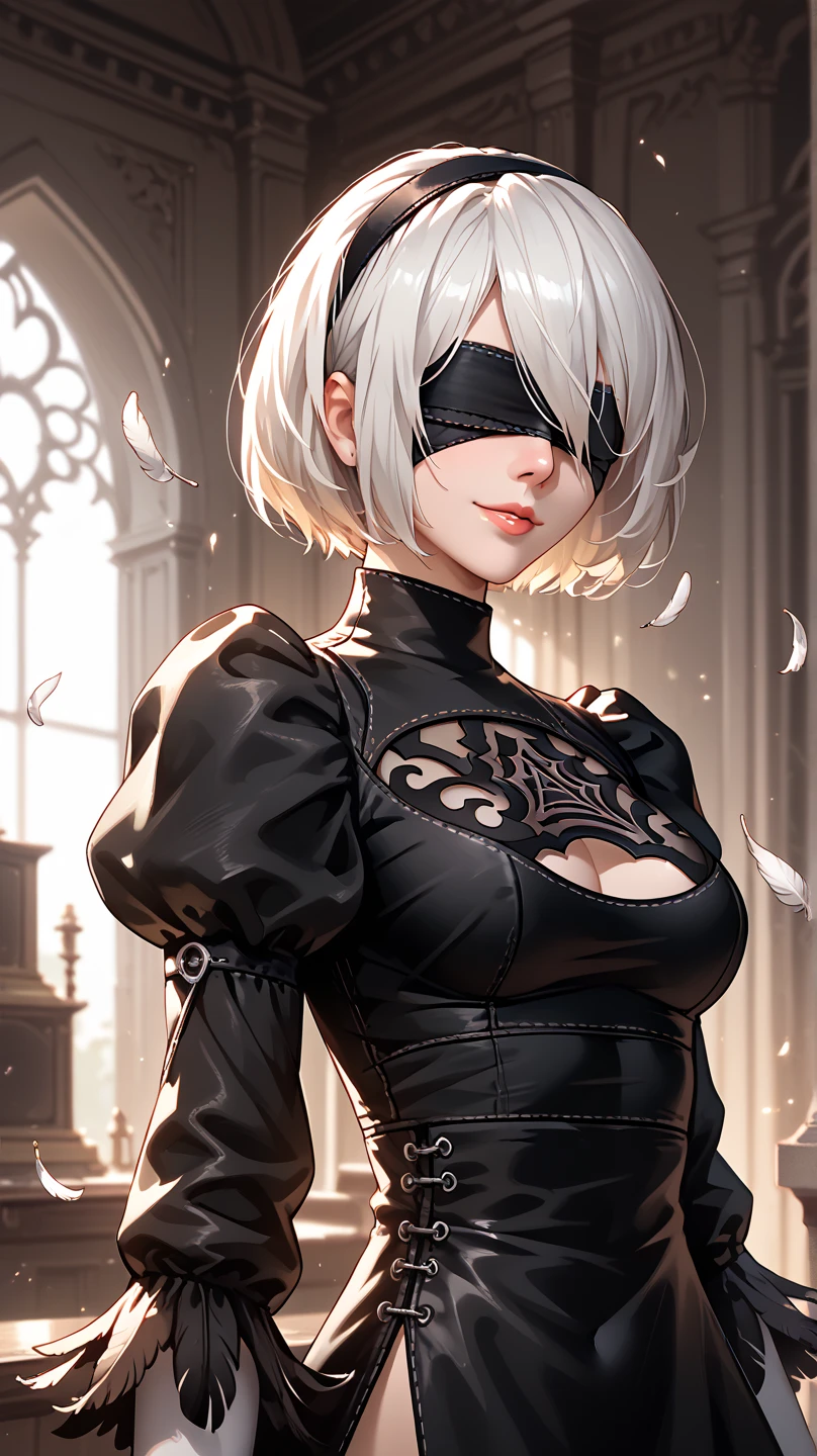 score_9, score_8_up, score_7_up, score_6_up, score_5_up, score_4_up, 2BNAXL, blindfold, black blindfold, hairband, white hair, short hair, medium breasts, clothing cutout, cleavege cutout, black dress, puffy sleeves, feather-trimmed sleeves, black gloves, (portrait shot, upper body), seductive smile, looking at viewer, indoors 