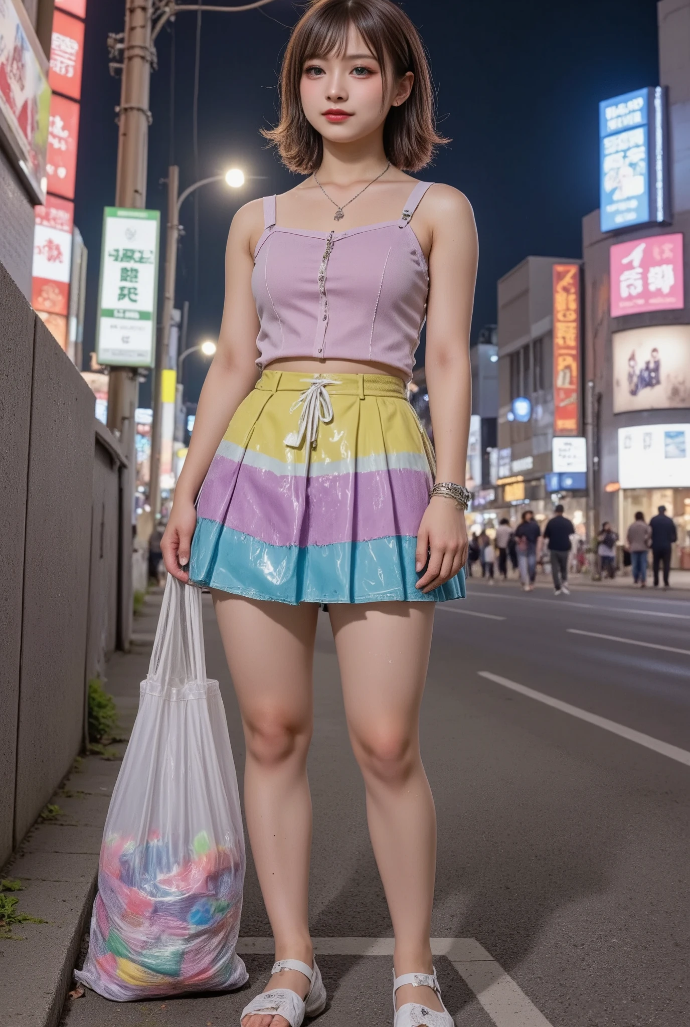 NSFW,
photography, film, depth of field, realistic skin texture, realistic photography,
(one girl, junior idol, teenage girl, Japanese girl, runaway girl),
messy hair, cute face, looking at camera, full body,
she is wearing a necklace, (stained camisole, stained super mini skirt), friendship bracelet, anklet, but no panties, no underwear,
she is wearing a colorful super mini pleated skirt,
her pussy is visible from the hem of the super mini pleated skirt,
her body is plump with not much of a waistline, big ass and thick thighs, giving an overall underdeveloped impression,
but she has a super bust the size of her head She has big breasts,
(Gigantic chest: 1.6),
She is fat with big breasts,
She has thick legs,
She is still in her early teens but ran away from home and is making a living by prostitution,
She is standing with her legs spread on the edge of the sidewalk,
She spreads her legs and shows her pussy to get the man's attention,
She looks at the camera and smiles sadly,
She hasn't washed her body so her whole body is dirty, her clothes, skin and hair are dirty,
There is a plastic bag full of junk next to her,
This is a corner of Shinjuku's downtown, (night, downtown at night), town, city, downtown,
Various types of garbage are scattered on the street, condoms, (used condoms),