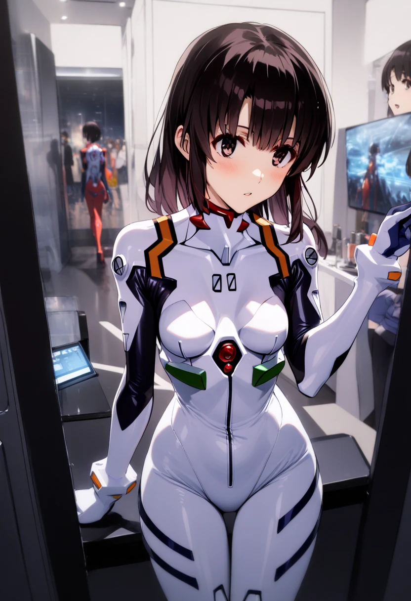 1girl, solo, Megumi Katou, wearing a cosplay of Evangelion’s Ayanami Rei in a plugsuit, black hair, set in a futuristic room,  capturing the atmosphere of a Comiket event with subtle crowd and booth details in the background,masterpiece, best quality, ultra detailed,