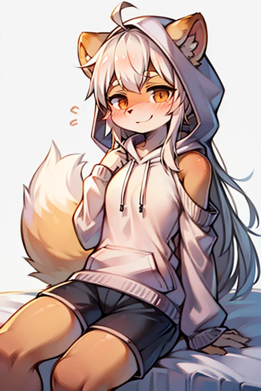 best quality, kemono, anime, female, furry, anthro, full body, solo, :d, ^_^, ahoge, animal_ear_fluff, animal_ears, bangs, bare_shoulders, blush, closed_eyes, detached_sleeves, fox_ears, fox_girl, fox_tail, gloves, hair_between_eyes, hood, hoodie, long_hair, open_mouth, simple_background, smile, solo, swaying, tail, upper_body, virtual_youtuber, white_background, white_hair, white_hoodie, white_sleeves, black_panties, panties, upskirt, sexy, sexy_panties