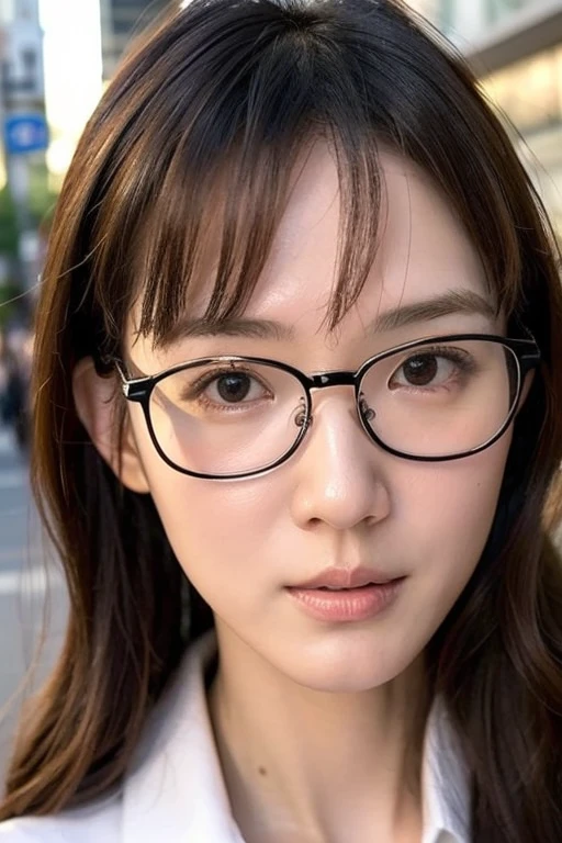 Best quality,masterpiece,ultra high res,photorealistic,1girl,taipei street alley,dynamic pose, ((Glasses:1.3))、 upper_body,too much small eyes、Sleepy expression、orgasm face:1.2、Watch viewers、
No tear bags:1.5、
bangs, Very slender 、((Glasses:1.3))、Very thin face、Thin Nose、Very high nose、Very very narrow eyes、Thin lips、 long hair, Long curly hair:1.6、 College Student 、No cheekbones,very narrow eyes、The corners of the eyes are raised,very small face、