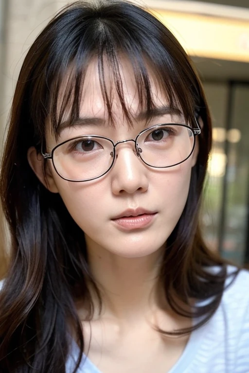 Best quality,masterpiece,ultra high res,photorealistic,1girl,taipei street alley,dynamic pose, ((Glasses:1.3))、 upper_body,too much small eyes、Sleepy expression、orgasm face:1.2、Watch viewers、
No tear bags:1.5、
bangs, Very slender 、((Glasses:1.3))、Very thin face、Thin Nose、Very high nose、Very very narrow eyes、Thin lips、 long hair, Long curly hair:1.6、 College Student 、No cheekbones,very narrow eyes、The corners of the eyes are raised,very small face、