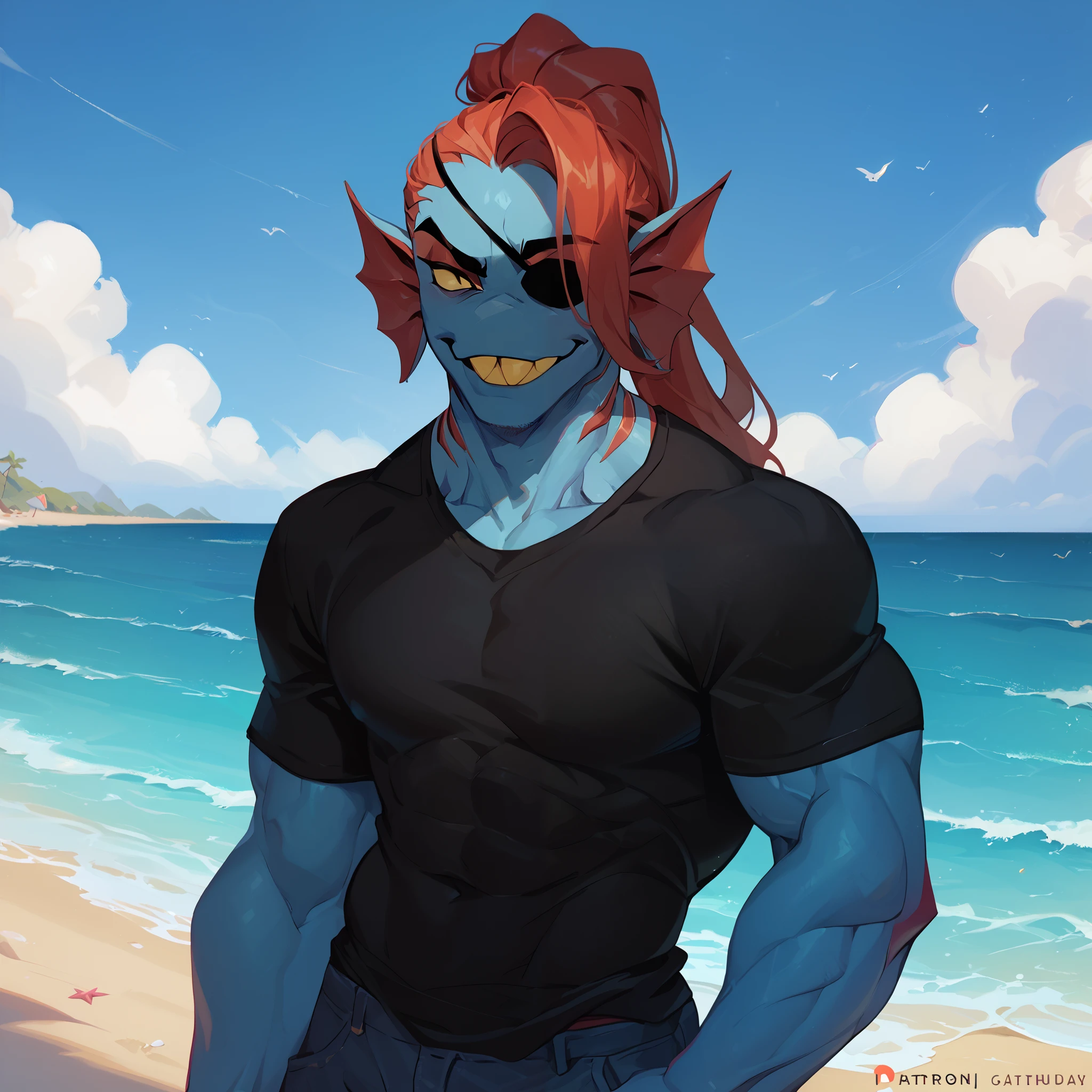 undyne, undertale, male, anthro, solo, facing viewer, smirking, wide hips, standing, casual pose, hyper muscle, eye patch, neck gills, yellow teeth, blue skin, black tshirt, trunks, beach, sunny day,