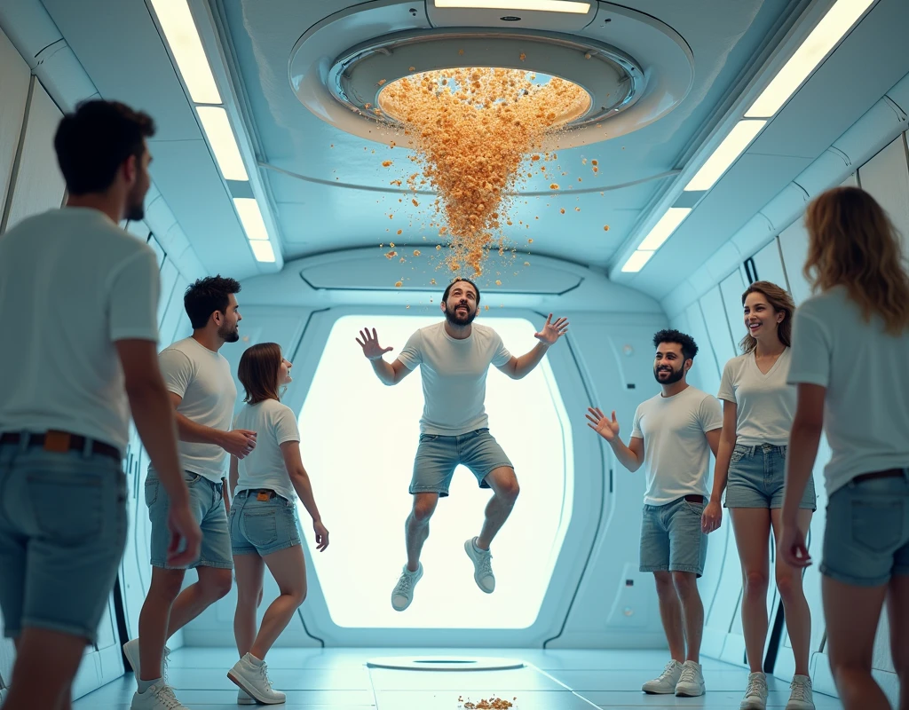 3D animation, theme is "Space Station". In the zero gravity environment of the space station, a man tries to eat food in a tube, but pushes the tube too hard, causing the contents of the tube to float in the air and get scattered. The astronauts laugh at the sight. The astronauts are casually dressed in T-shirts and shorts. The astronauts are also floating in the air. A comical depiction of the world of zero gravity. Sophisticated design, advanced lighting technology, 8K quality.