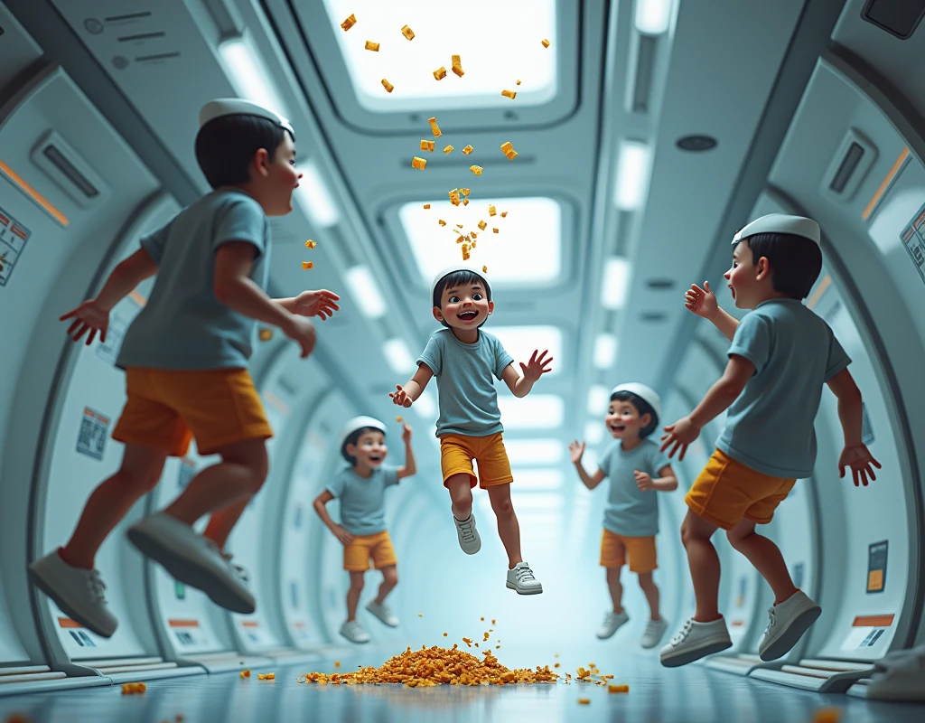 3D animation, theme is "Space Station". In the zero gravity environment of the space station, a man tries to eat food in a tube, but pushes the tube too hard, causing the contents of the tube to float in the air and get scattered. The astronauts laugh at the sight. The astronauts are casually dressed in T-shirts and shorts. The astronauts are also floating in the air. A comical depiction of the world of zero gravity. Sophisticated design, advanced lighting technology, 8K quality.