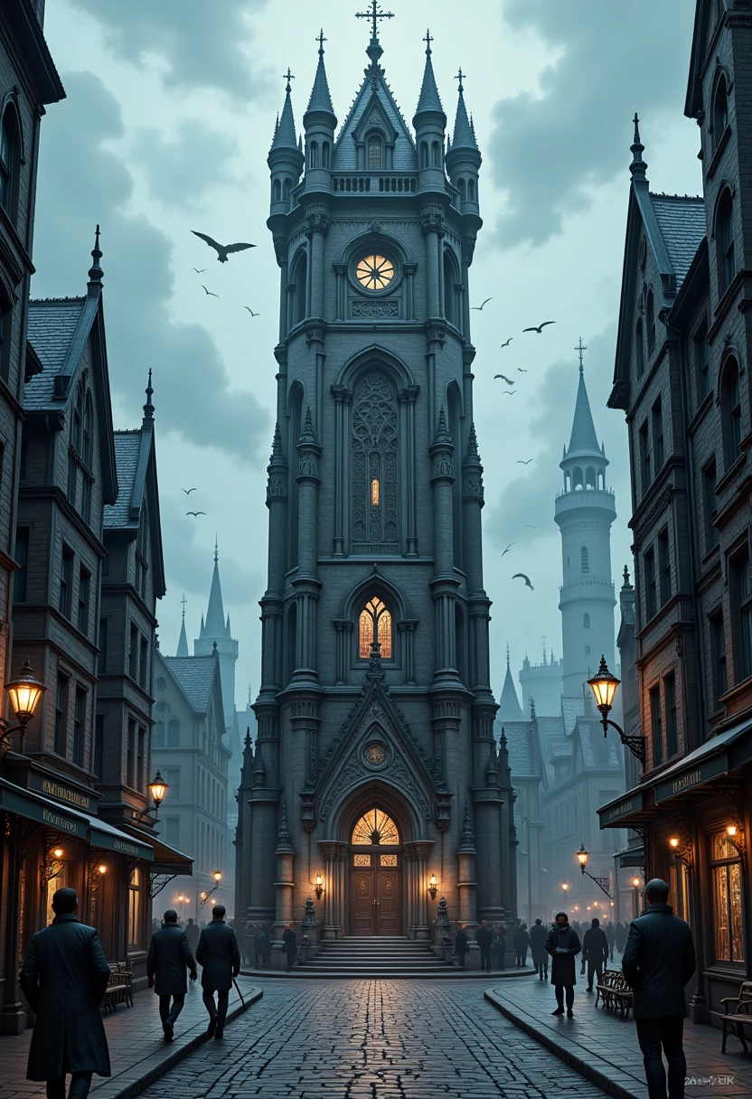 In low angle looking up shot, medium close-up view. A hyper-detailed 2D illustrator art wallpaper, Grimmdark, epic contrast painting, the High little Tower, in the roundabout in center of the square, middle the Crossroad. On tô of the tower is the mini shrine with sacred emblem. Gothic style Architecture, industrial evolutionary age. masterpiece blends ultra-realistic details with rich textures and atmospheric realism, rendered in stunning 32k resolution, ensuring a cinematic and immersive viewing experience. A truly high-quality, official-art-style composition that embodies power, artistry