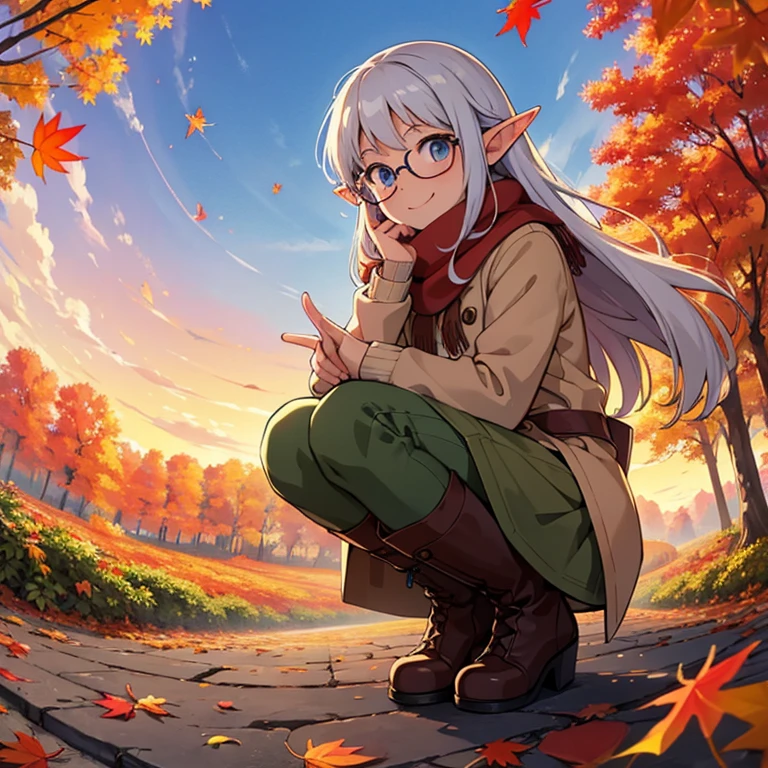   Masterpiece ，  top quality，  high image quality，(   super flat   ,     flat shading to bring panties to the side  )，Elf、Glasses，Beautiful silver hair、   fisheye lens  ， Beautiful young mother and adorable daughter，    warm scarf， (naked)， long hair，   boots, smile, smile，White Breath，fun, play，Autumn park garden，  Beautiful autumn leaves ， vaginal discharge from fallen leaves ，Autumn sky，dusk， Beautiful Sunsets ，Wide angle，   bright color ，watercolor, Ghibli style，Strong winds，  Girl Temptation，