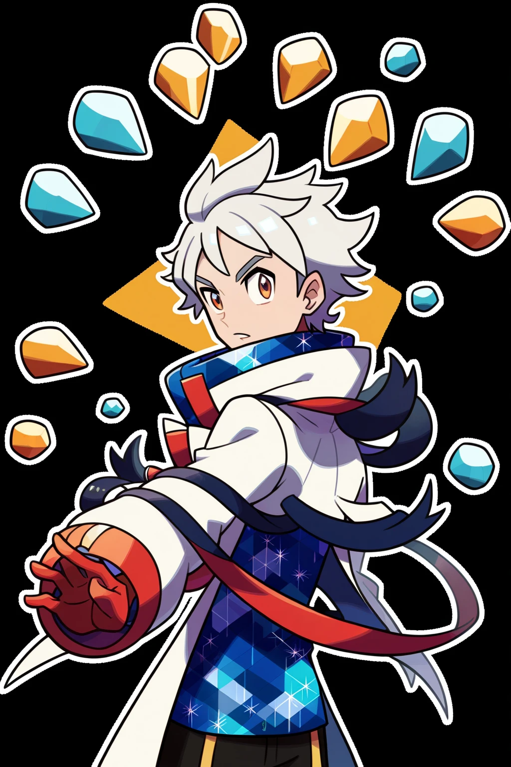 score_9, score_8_up, score_7_up, pokemon pokemon_(anime) pokemon_journeys pokemon_sv pokemon_bw2 1boy long_white_coat_with_geometric_crystal_patterns_along_edges swept_back_silver_hair_with_single_blue_streak distinctive_high_collar_with_meteorite_clasps battle_ready_pose sharp_focus standing detailed_face hyper_detailed, white hair, long white coat, geometric crystal patterns, high collar