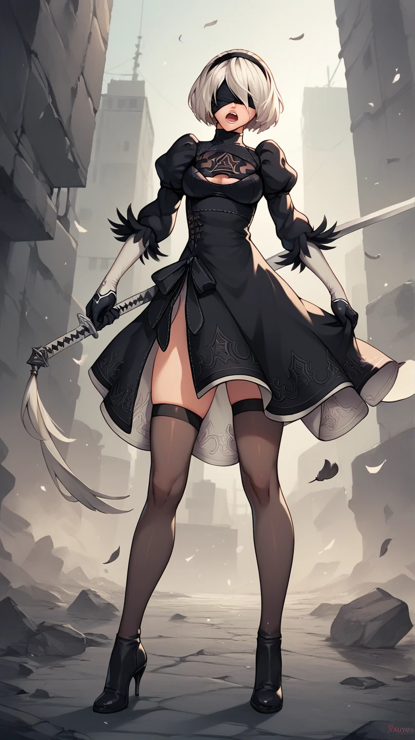 score_9, score_8_up, score_7_up, score_6_up, score_5_up, score_4_up, 2BNAXL, blindfold, black blindfold, hairband, white hair, short hair, medium breasts, clothing cutout, cleavege cutout, black dress, puffy sleeves, feather-trimmed sleeves, black , looking at viewer ,Open Mouth, Tearing Up, angry, holding big sword, full body, in destroyed city, full body