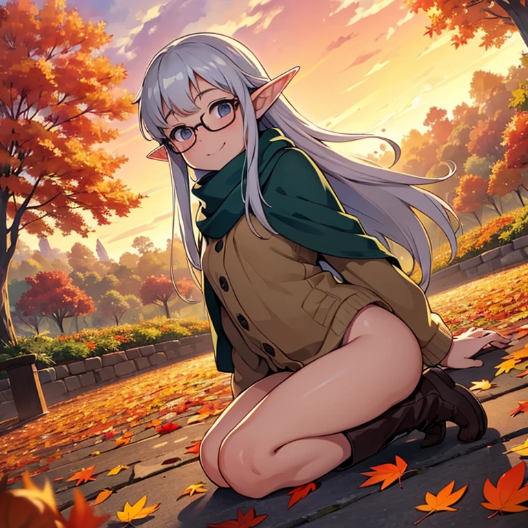  Masterpiece ，  top quality，  high image quality，( super flat ,  flat shading to bring panties to the side )，Elf、Glasses，Beautiful silver hair、  fisheye lens ， Beautiful young mother and adorable daughter，  warm scarf， (naked)， long hair，  boots, smile, smile，White Breath，fun, play，Autumn park garden， Beautiful autumn leaves ， vaginal discharge from fallen leaves ，Autumn sky，dusk， Beautiful Sunsets ，Wide angle，  bright color ，watercolor, Ghibli style，Strong winds， Girl Temptation，
