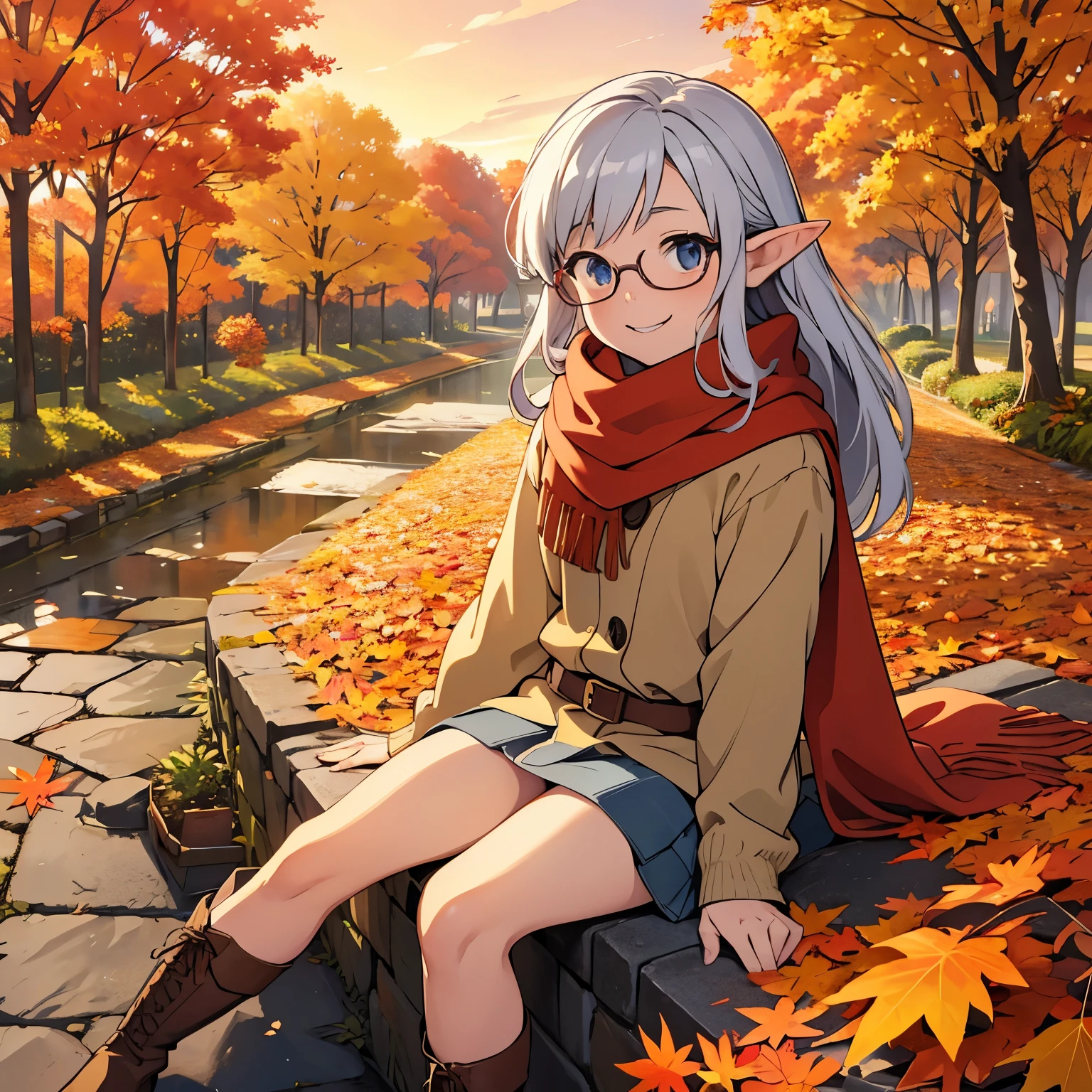  Masterpiece ，  top quality，  high image quality，( super flat ,  flat shading to bring panties to the side )，Elf、Glasses，Beautiful silver hair、  fisheye lens ， Beautiful young mother and adorable daughter，  warm scarf， (naked)， long hair，  boots, smile, smile，White Breath，fun, play，Autumn park garden， Beautiful autumn leaves ， vaginal discharge from fallen leaves ，Autumn sky，dusk， Beautiful Sunsets ，Wide angle，  bright color ，watercolor, Ghibli style，Strong winds， Girl Temptation，