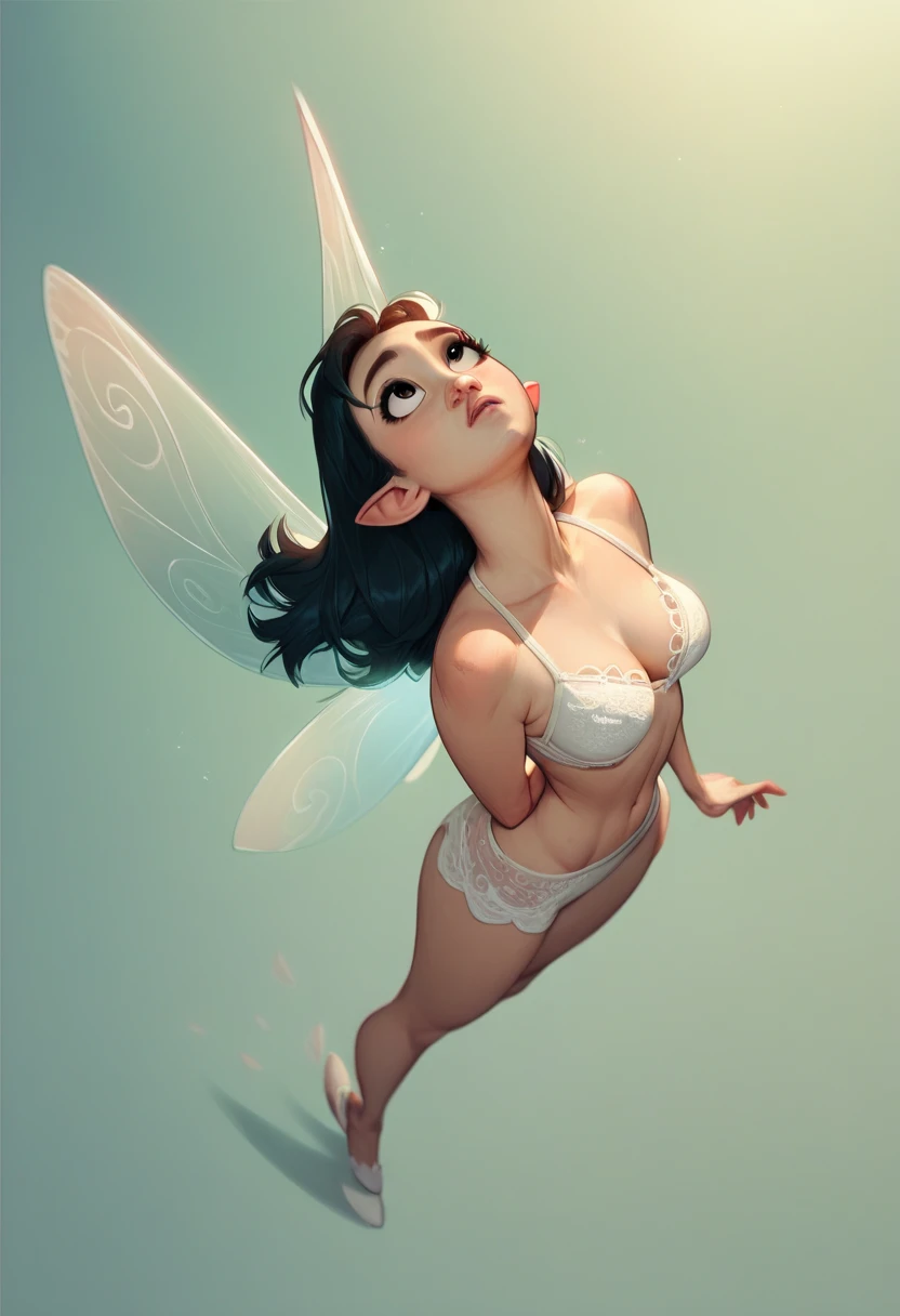 A fairy flying, fairy wings, white lace bikini, white lace bra, Asian, high angle, looking up, big boobs, curvy, cute, shrunken woman, midriff, thicc, full body, focus on breast