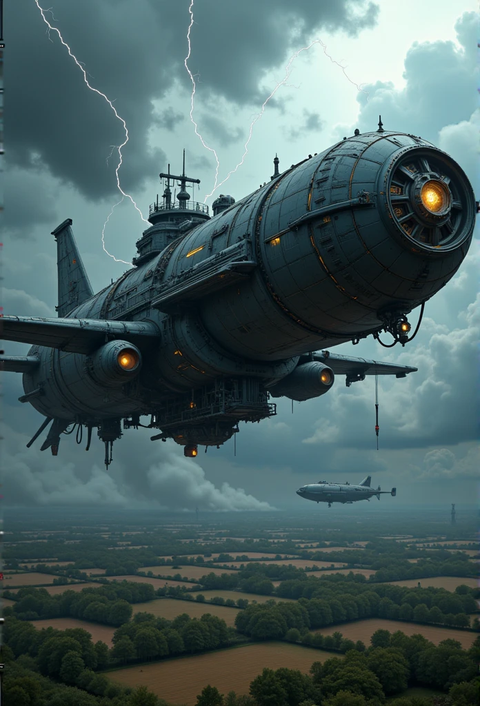 
A wide, high-angle perspective showcases a futuristic double-body airship soaring through a dramatic sky, farmland below. This twin-body giant airship consists of two massive cylindrical fuselages, each constructed from dark gunmetal alloy, their surfaces adorned with glowing golden runes and intricate cybernetic patterns. The two cylindrical bodies are connected by a central reinforced carriage, which houses command centers, living quarters, and key operational facilities.

Each cylindrical body rotates in opposite directions, a sophisticated engineering design to stabilize orientation and counter gyroscopic forces. The twin wingspan propellers flank both sides of the airship, each equipped with formidable weaponry and precision engines, blending Grimdark aesthetics with advanced mechanical functionality.

Beneath the airship, armored plating and mechanical components reveal its formidable nature, blending Gothic-inspired design with futuristic sci-fi elements. Its journey through the stormy skies is both ominous and majestic, with lightning illuminating the airship's intricate details and the dark clouds enhancing its dramatic silhouette.

This mechanical marvel, a flying fortress in the sky, embodies the fusion of industrial ingenuity and artistic elegance, creating an awe-inspiring, cinematic scene. (Ultra-realistic, 32k, Masterpiece, High Quality, Detailed Realistic Background, Official Art, Realistic Lighting, filmfotos, film grain, reversal film photography).

