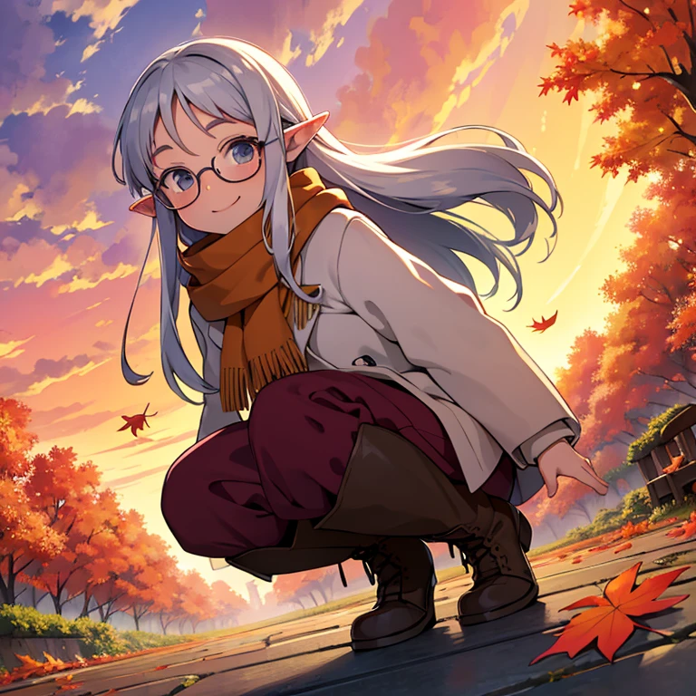  Masterpiece ，  top quality，  high image quality，( super flat ,  flat shading to bring panties to the side )，Elf、Glasses，Beautiful silver hair、  fisheye lens ， Beautiful young mother and adorable daughter，  warm scarf， (naked)， long hair，  boots, smile, smile，White Breath，fun, play，Autumn park garden， Beautiful autumn leaves ， vaginal discharge from fallen leaves ，Autumn sky，dusk， Beautiful Sunsets ，Wide angle，  bright color ，watercolor, Ghibli style，Strong winds， Girl Temptation，
