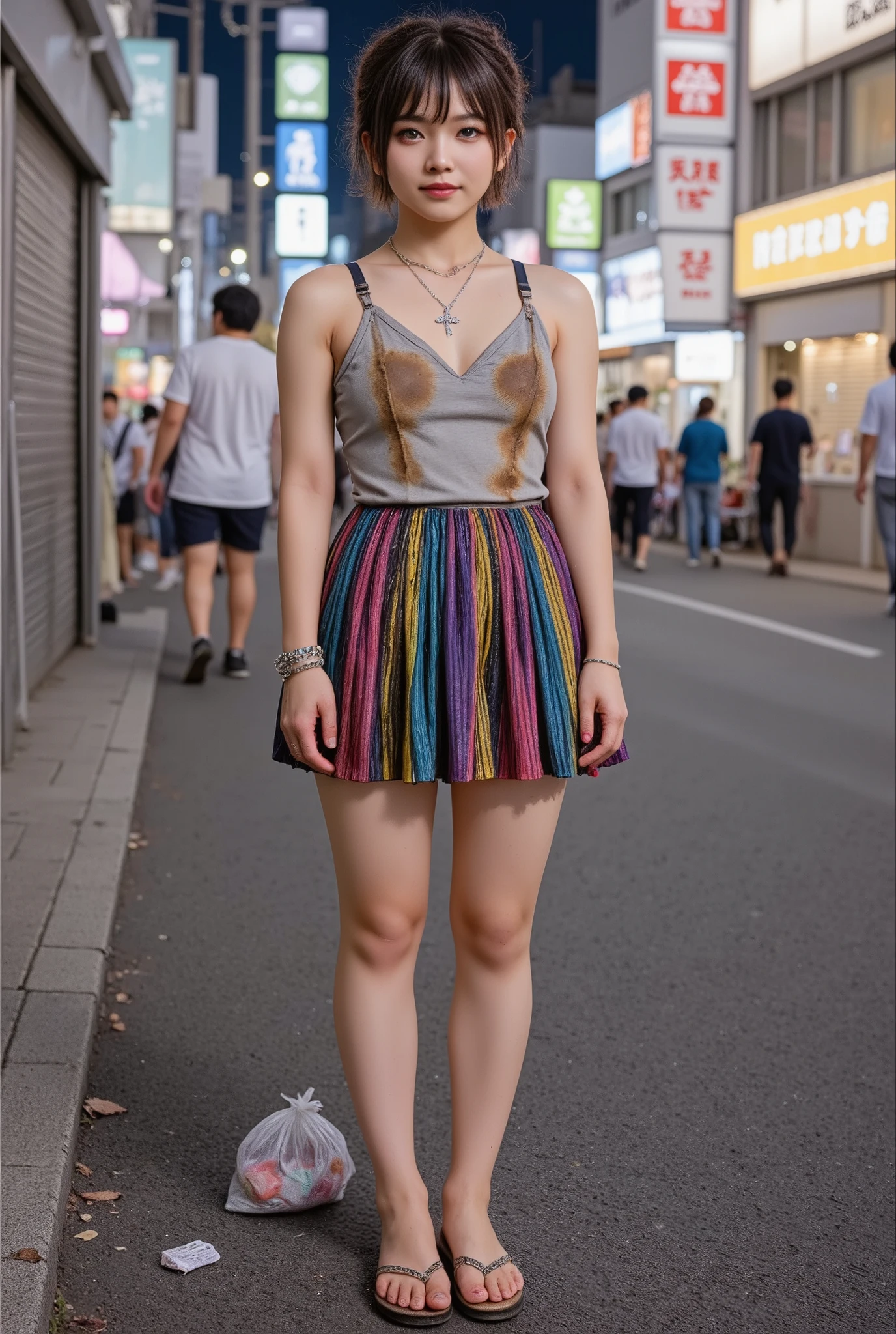 NSFW,
photography, film, depth of field, realistic skin texture, realistic photography,
(one girl, junior idol, teenage girl, Japanese girl, runaway girl),
messy hair, cute face, looking at camera, full body,
she is wearing a necklace, (stained camisole, stained super mini skirt), friendship bracelet, anklet, but no panties, no underwear,
she is wearing a colorful super mini pleated skirt,
her pussy is visible from the hem of the super mini pleated skirt,
her body is plump with not much of a waistline, big ass and thick thighs, giving an overall underdeveloped impression,
but she has a super bust the size of her head She has big breasts,
(Gigantic chest: 1.6),
She is fat with big breasts,
She has thick legs,
She is still in her early teens but ran away from home and is making a living by prostitution,
She is standing with her legs spread on the edge of the sidewalk,
She spreads her legs and shows her pussy to get the man's attention,
She looks at the camera and smiles sadly,
She hasn't washed her body so her whole body is dirty, her clothes, skin and hair are dirty,
There is a plastic bag full of junk next to her,
This is a corner of Shinjuku's downtown, (night, downtown at night), town, city, downtown,
Various types of garbage are scattered on the street, condoms, (used condoms),