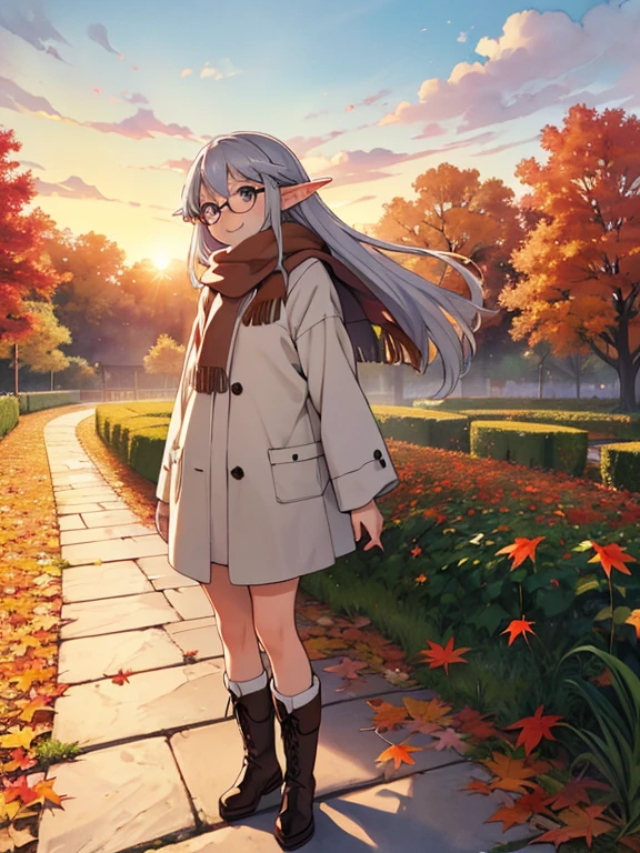  Masterpiece ，  top quality，  high image quality，( super flat ,  flat shading to bring panties to the side )，Elf、Glasses，Beautiful silver hair、  fisheye lens ， Beautiful young mother and adorable daughter，  warm scarf， (naked)， long hair，  boots, smile, smile，White Breath，fun, play，Autumn park garden， Beautiful autumn leaves ， vaginal discharge from fallen leaves ，Autumn sky，dusk， Beautiful Sunsets ，Wide angle，  bright color ，watercolor, Ghibli style，Strong winds， Girl Temptation，