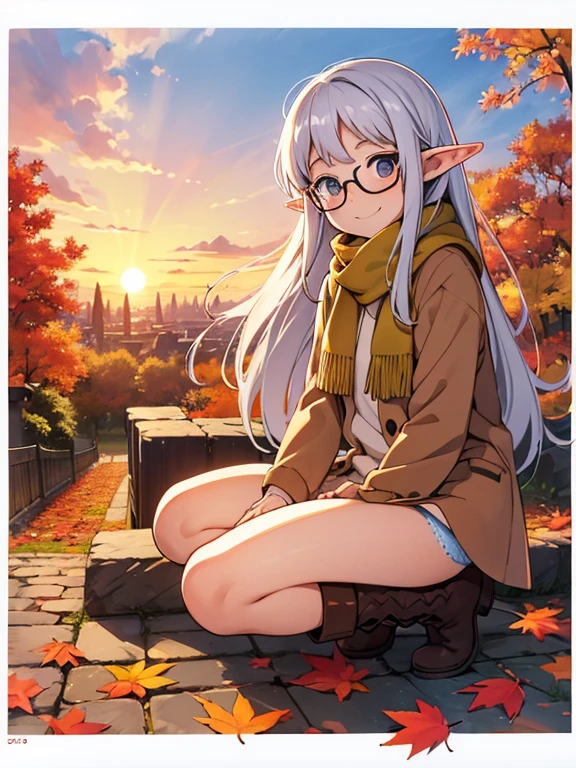  Masterpiece ，  top quality，  high image quality，( super flat ,  flat shading to bring panties to the side )，Elf、Glasses，Beautiful silver hair、  fisheye lens ， Beautiful young mother and adorable daughter，  warm scarf， (naked)， long hair，  boots, smile, smile，White Breath，fun, play，Autumn park garden， Beautiful autumn leaves ， vaginal discharge from fallen leaves ，Autumn sky，dusk， Beautiful Sunsets ，Wide angle，  bright color ，watercolor, Ghibli style，Strong winds， Girl Temptation，