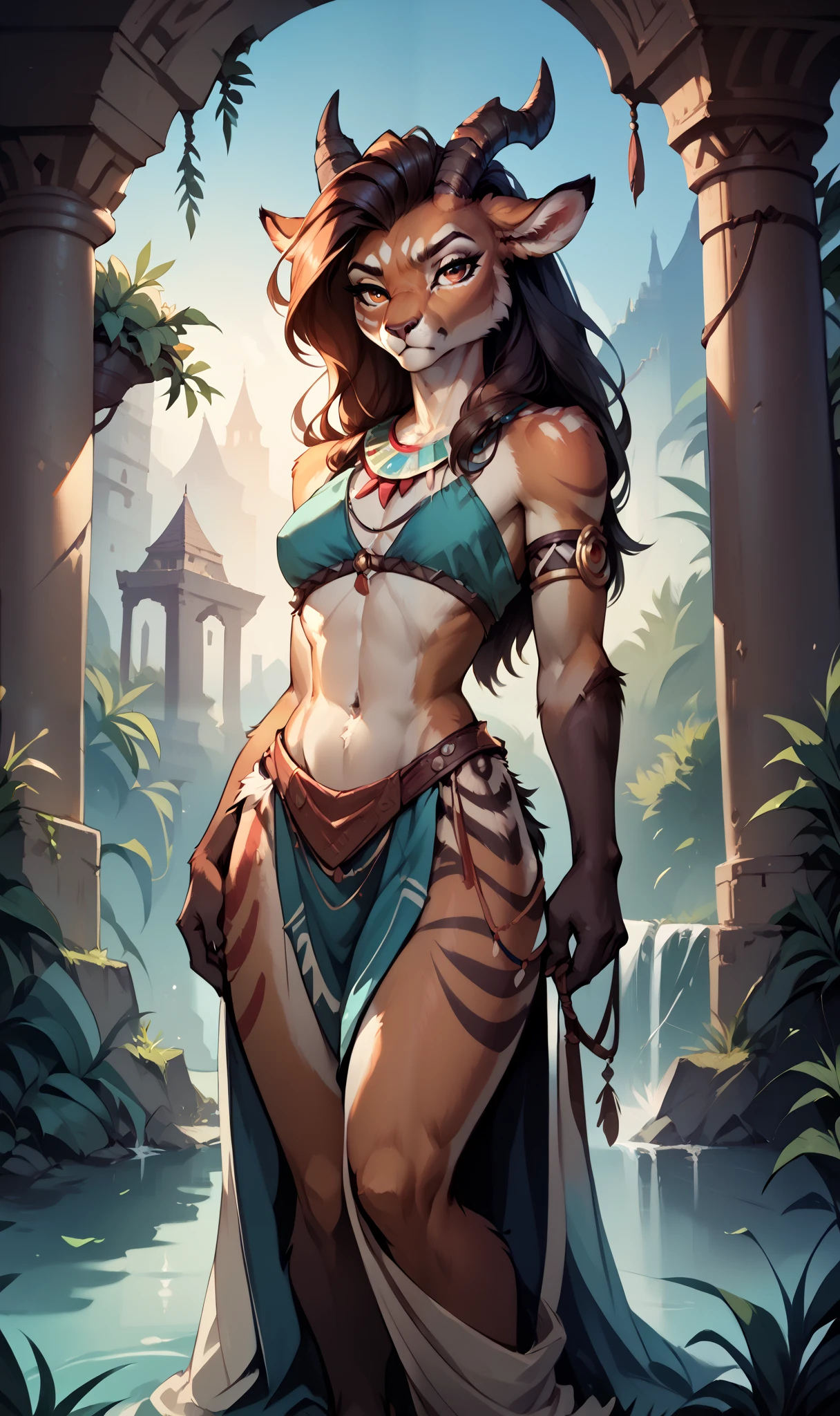 anthropomorphic, (goatling), feminine, beautiful, attractive, tribal clothing, shapely body, fur, large, sensual, attentive eyes, (serious expression), appropriate scenery, (great lighting), (masterpiece), (best quality), (random view)