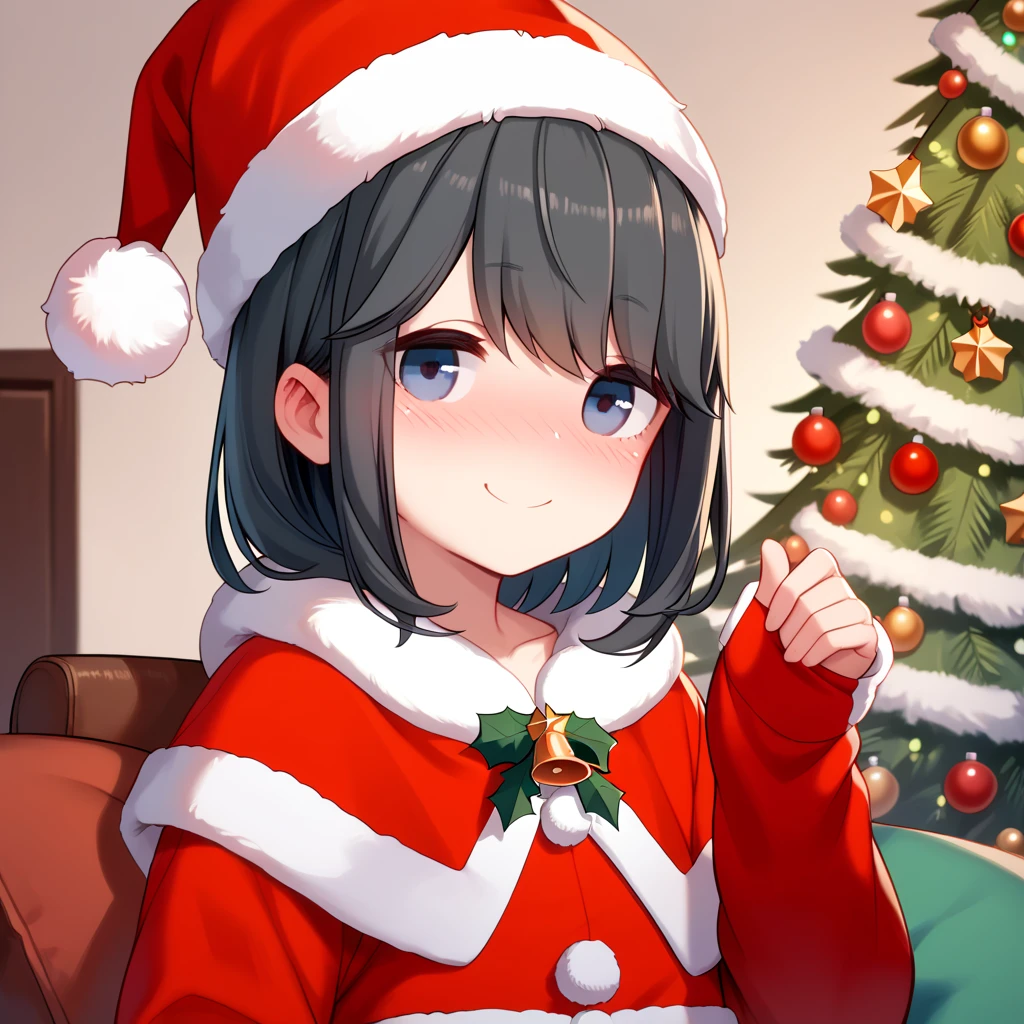  (8k), (  very detailed), (   best illustration  ), . flat chested。 Santa clothes 。 Santa hat。 Christmas hat 。No glasses。
four-leaf clover in hair 。adult。Slightly brown black hair。Shima Rin,。 medium hair。Being drunk。smile。adult。 Christmas tree