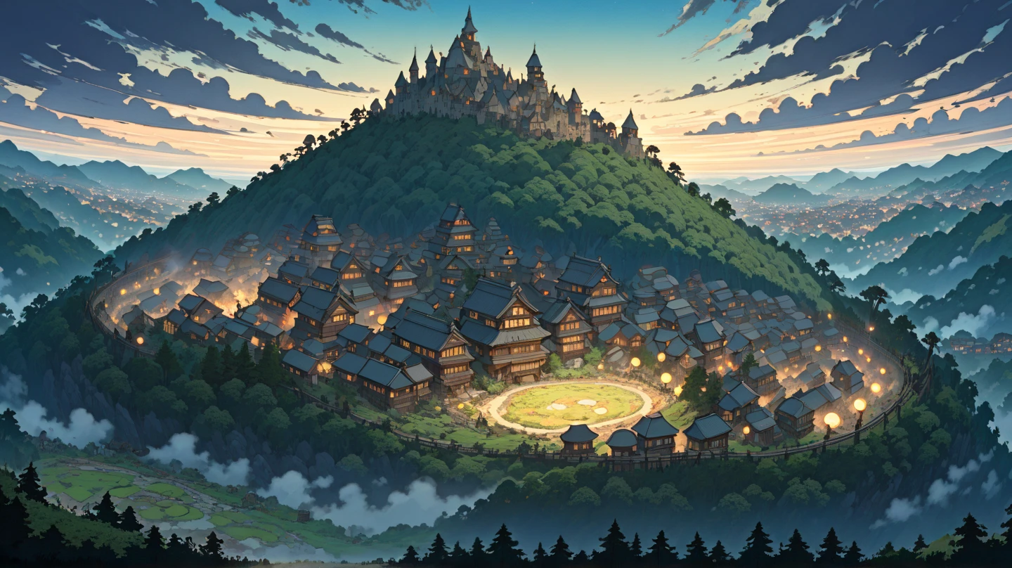 (masterpiece, super-detailed, top quality), (cartoon-like illustration reminiscent of Hayao Miyazaki, Japanese 2D animation, shadow: 1.3), distant night view from above, (huge moon: 1.4), (huge castle town: 1.3), forest.