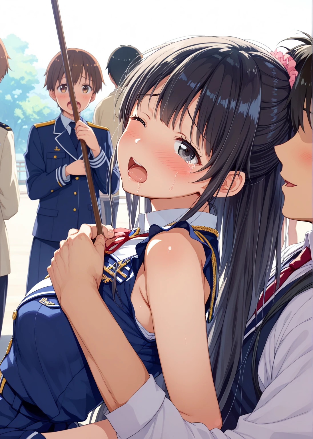 ((spitroast, 1girl, 2boys, group sex, penis, oral)),(anime style)、((masterpiece、side lighting、細かく詳細なbeautiful目: 1.2))、Super detailed、ultra high resolution、professional lighting、high quality makeup、beautiful詳細な目、sexy、beautiful、Big eyes、Amagi Brilliant Park, sento isuzu, brown eyes, brown hair, long hair, ponytail, hair between eyes, hair intake, side lock, antenna hair, hair ribbon, white ribbon、smile、(Look at the viewer、blush、Sukusui、eye light、