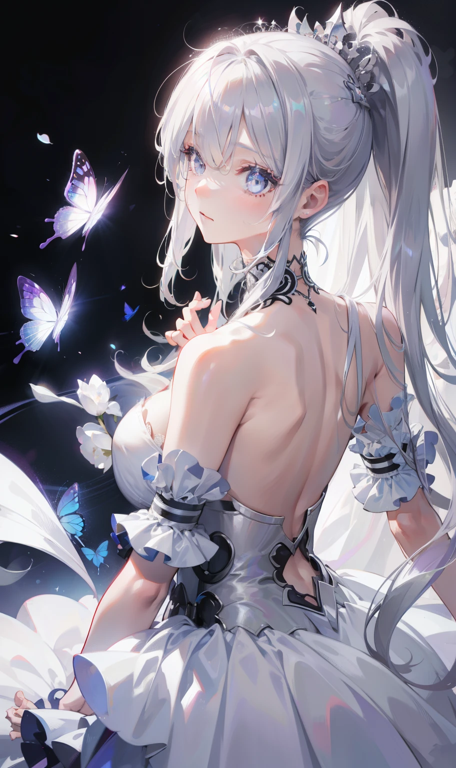 Silver Hair,Butterfly,Long white hair,White Wedding Dress,8k wallpaper,Detailed background,Maximum resolution,Deep V Big,hair covering one eye,Strapless wedding dress,Chis,White Rose,Tight,full-body shot